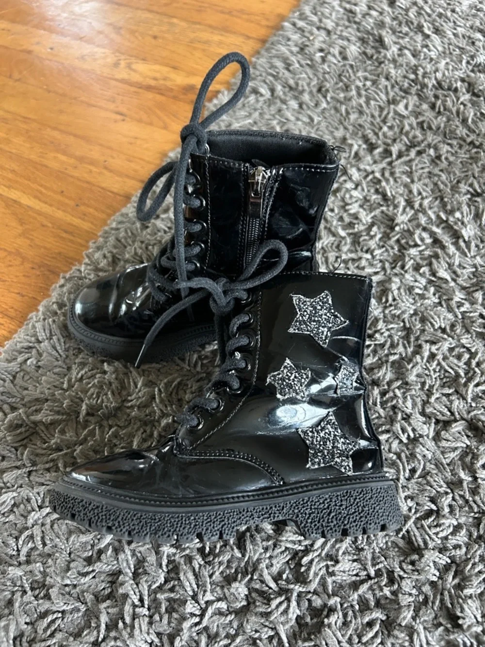 Toddler Girl Black Patent Lace-Up Star Combat Boots Size 26